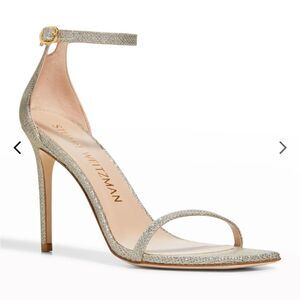 Stuart Weitzman's Nudistcurve Shimmery Ankle Strap Sandals Silver Size 6.5B NIB